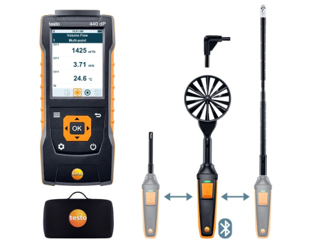 Miernik wielofunkcyjny Testo 440 dP z sondą wiatraczkową (Ø 100 mm), głowicą sondy wiatraczkowej (Ø 16 mm) oraz głowicą sondy wilgotności i temperatury